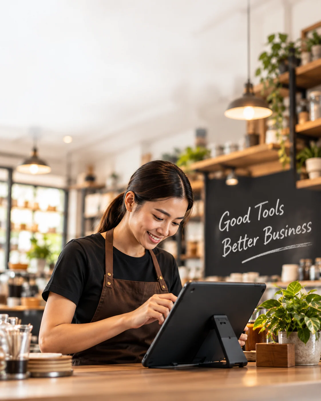 Small business owner using a tablet in her cafe